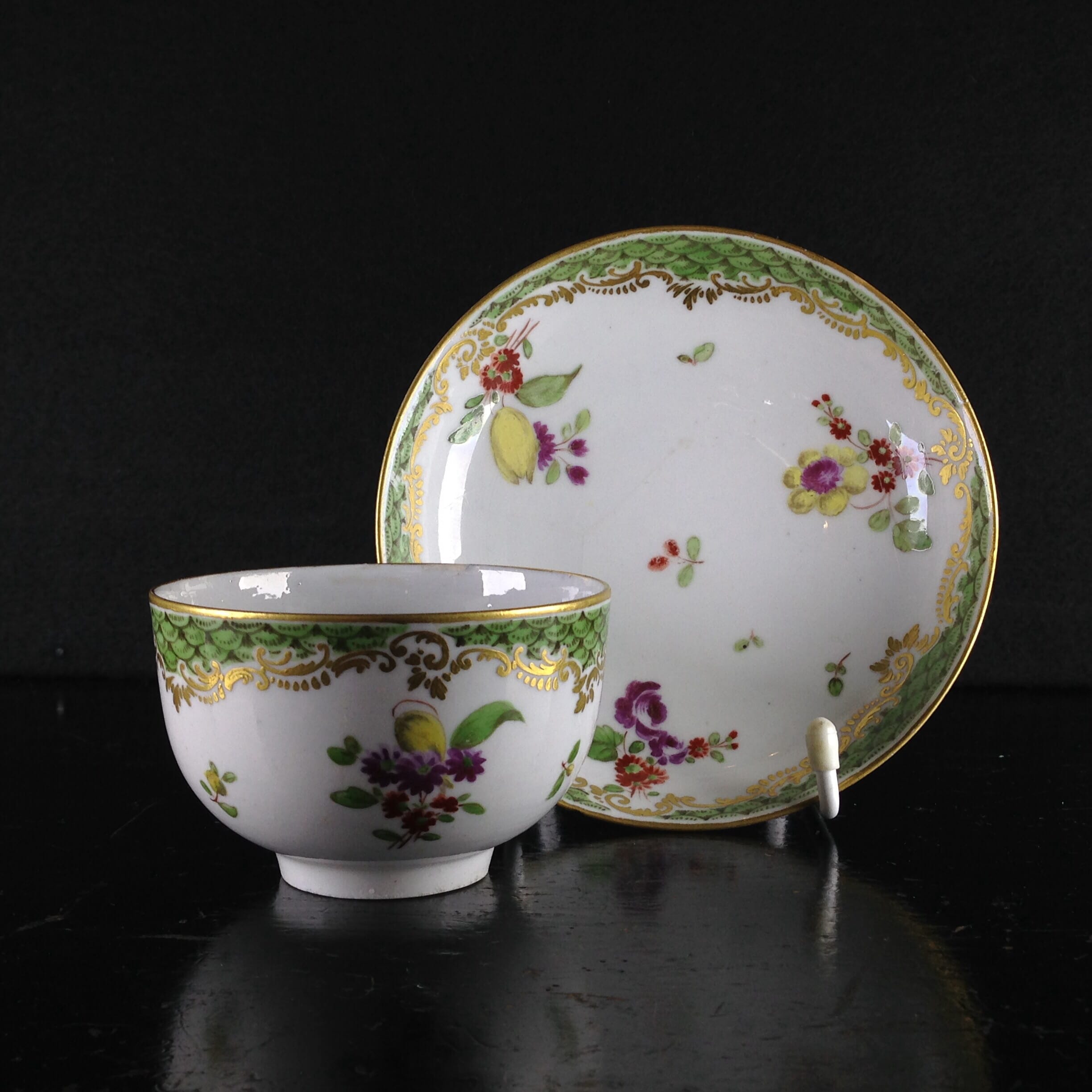 Cozzi tea bowl & saucer, scale green & flowers, c. 1765 -0