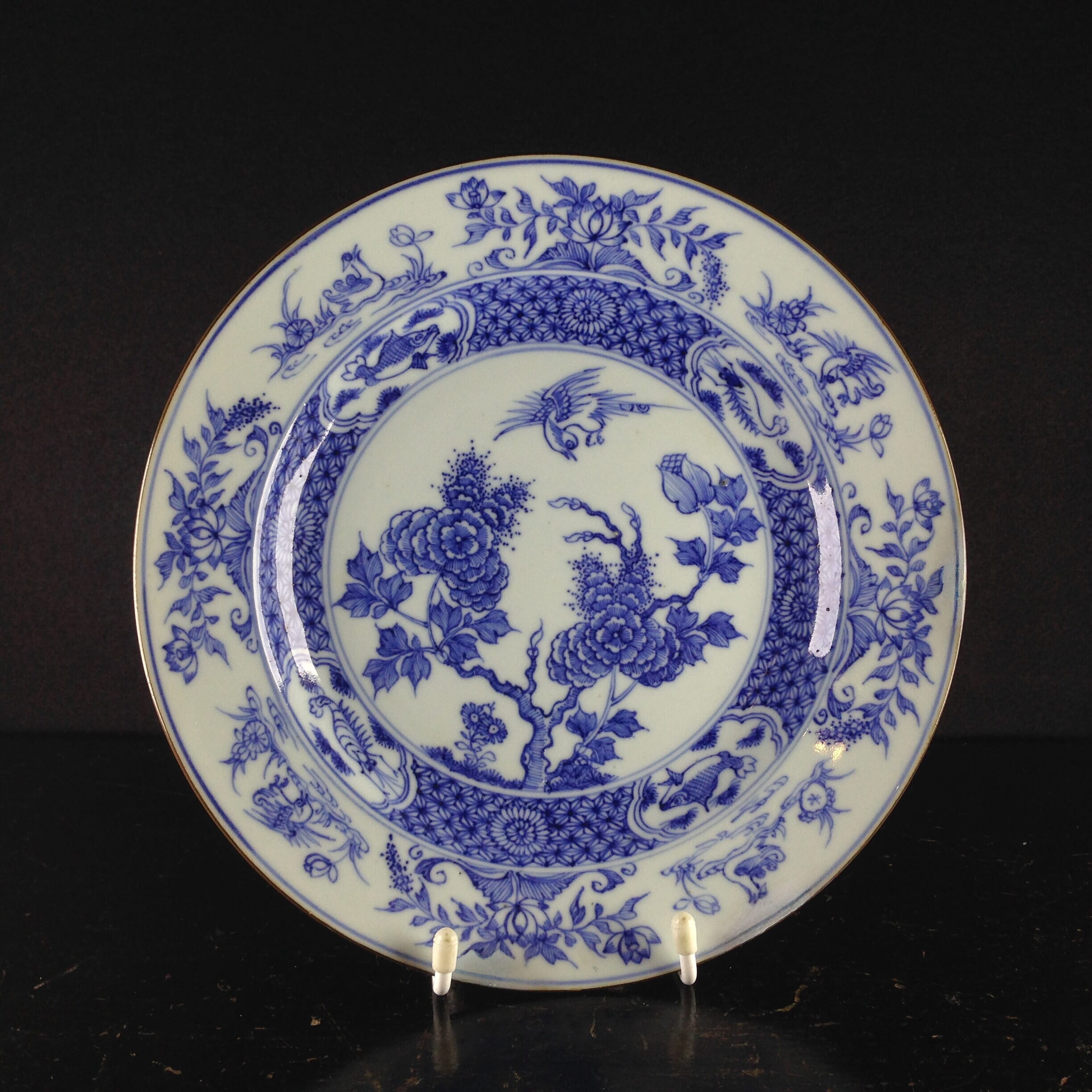 Chinese blue &white plate, birds & flowers. c.1750. -0