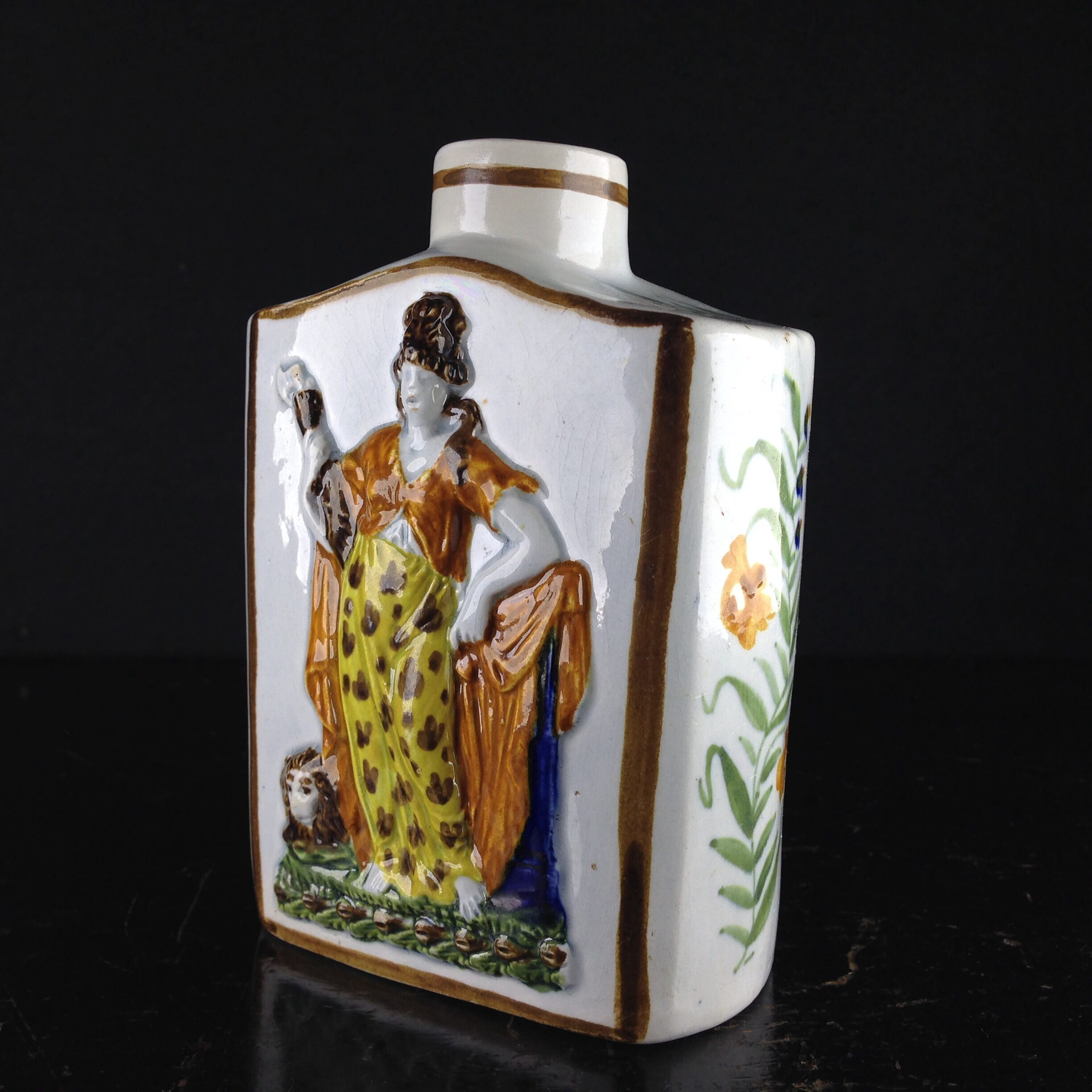 English Pratt type tea canister, moulded with with Britannia & lion in relief, c.1790. -0