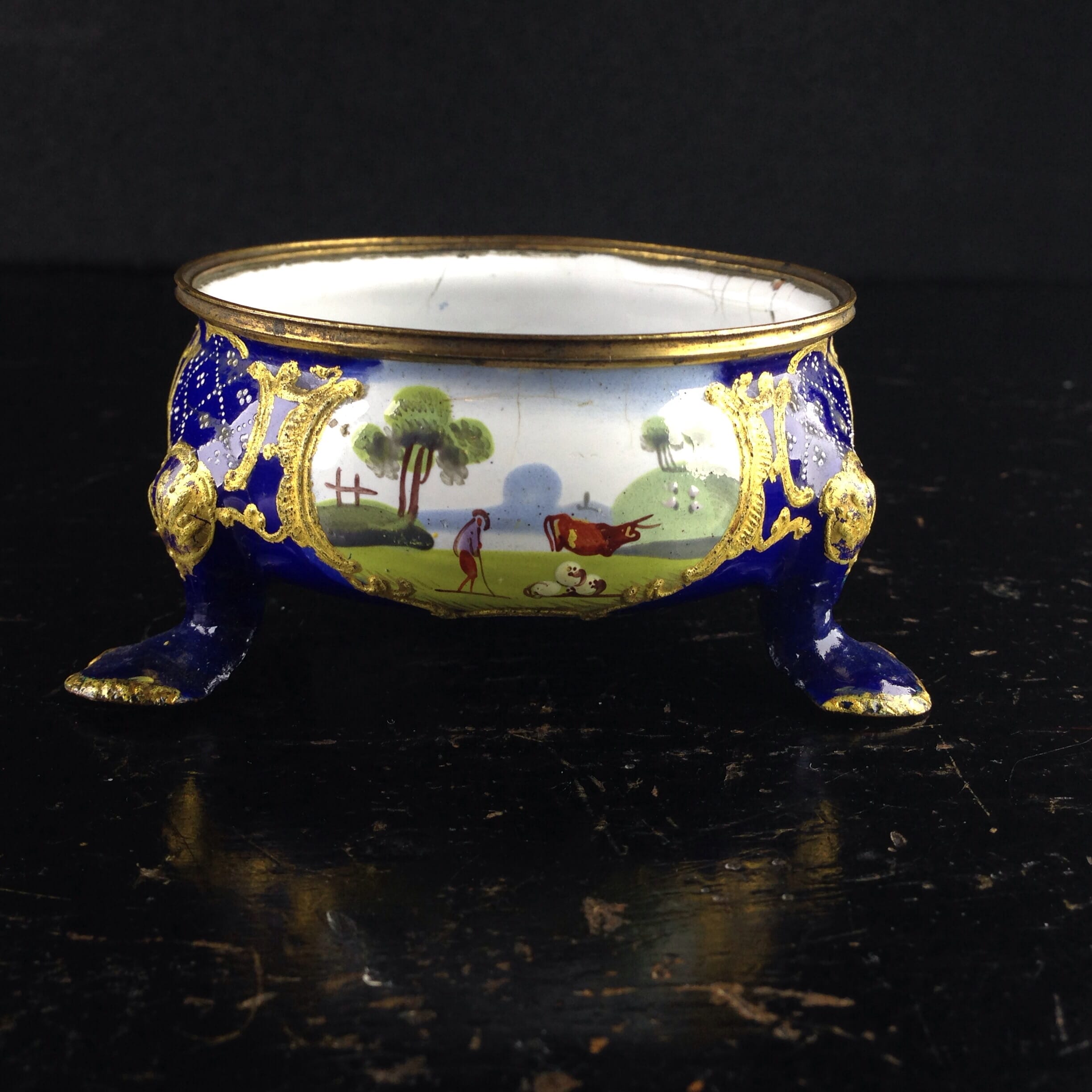 English enamel salt, pastoral scenes, C. 1780 -0