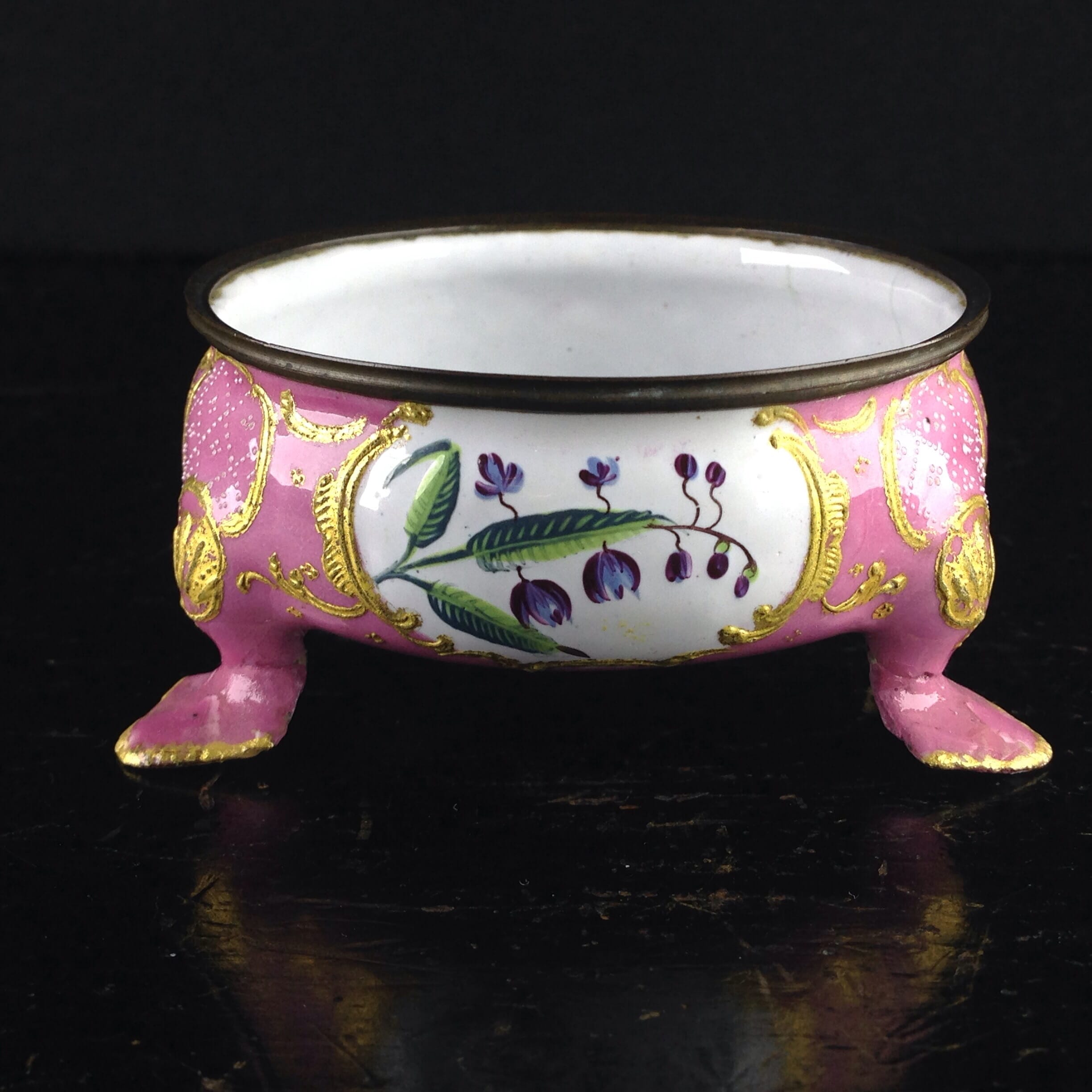 English enamel salt, pink ground with flowers, C. 1780 -0