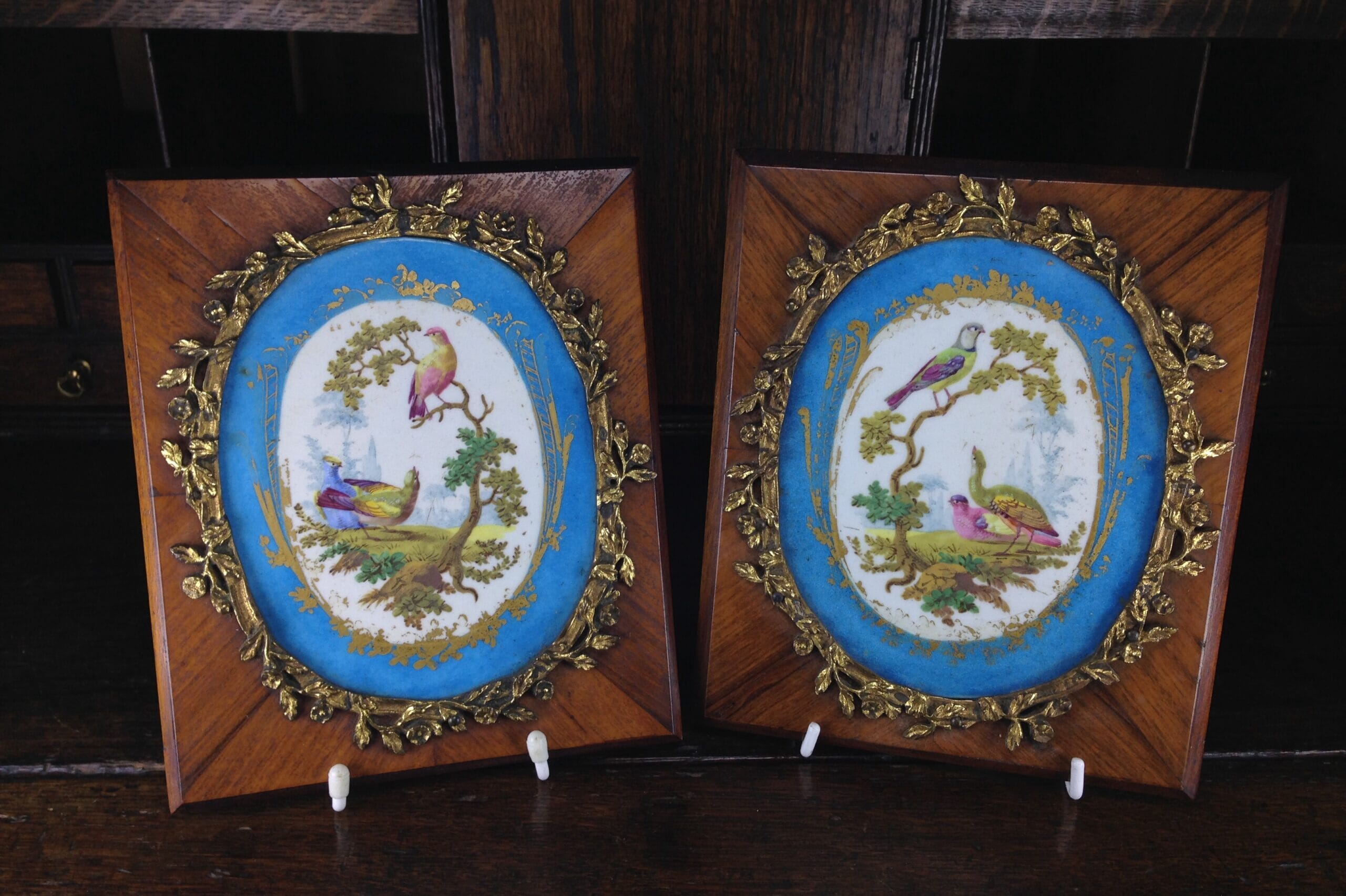 Sevres style pair of plaques, in ormolu frames on king wood, 19th century-0
