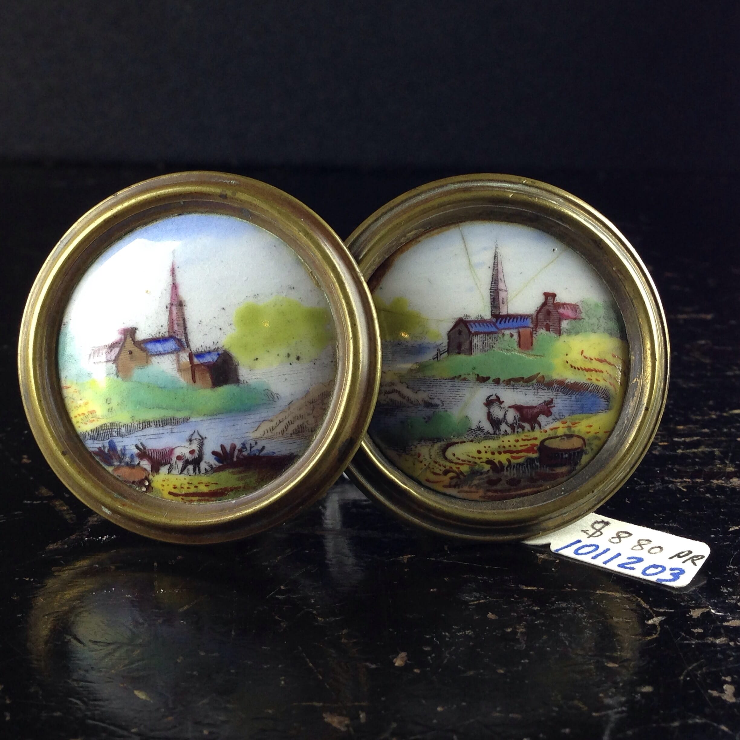 Pair of English enamel curtain ties, country scenes, C. 1780. -0