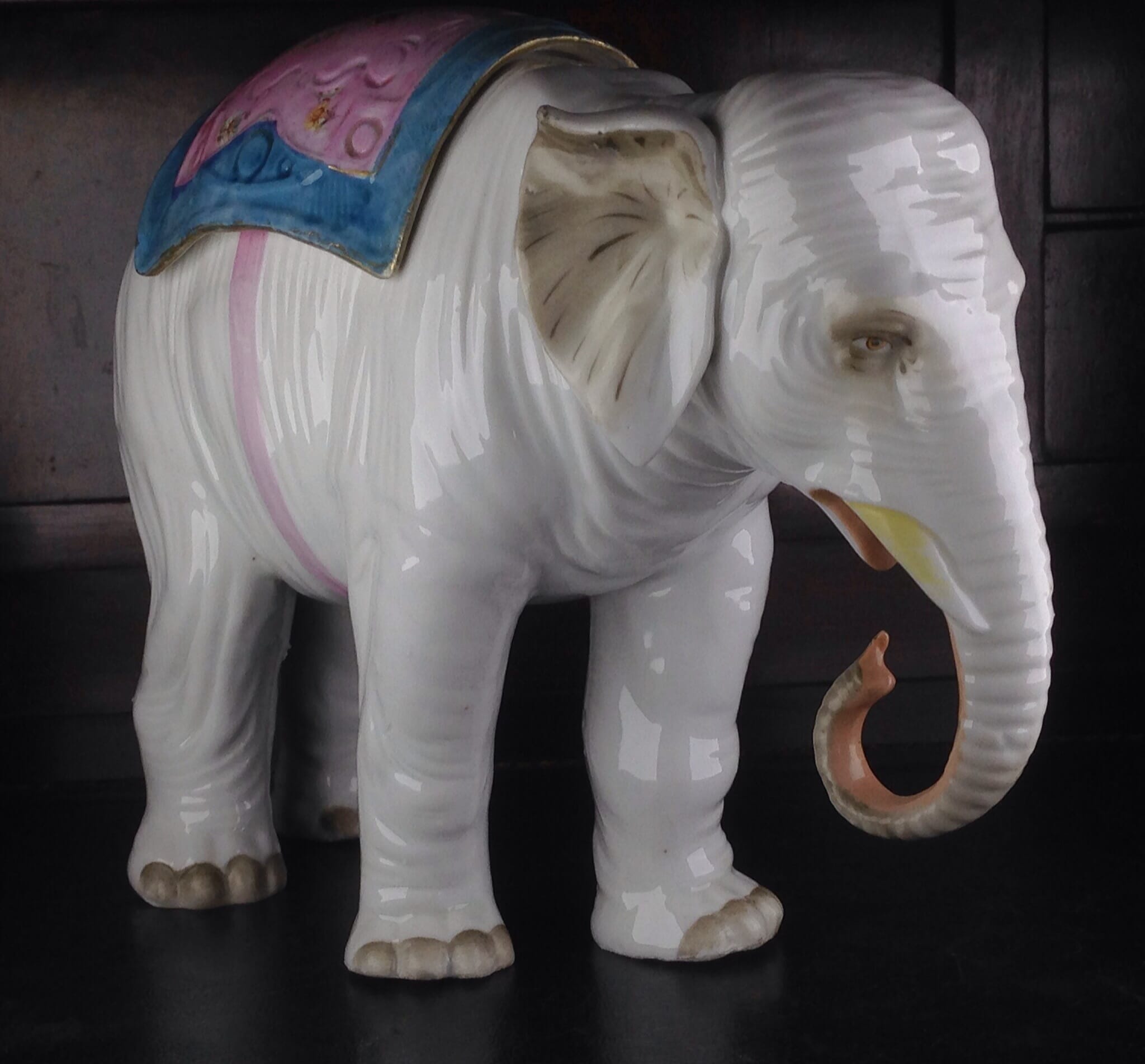 Large French porcelain elephant with colourful cover, C. 1895 -0