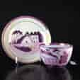 English purple lustre cup & saucer, houses, c.1820 -0