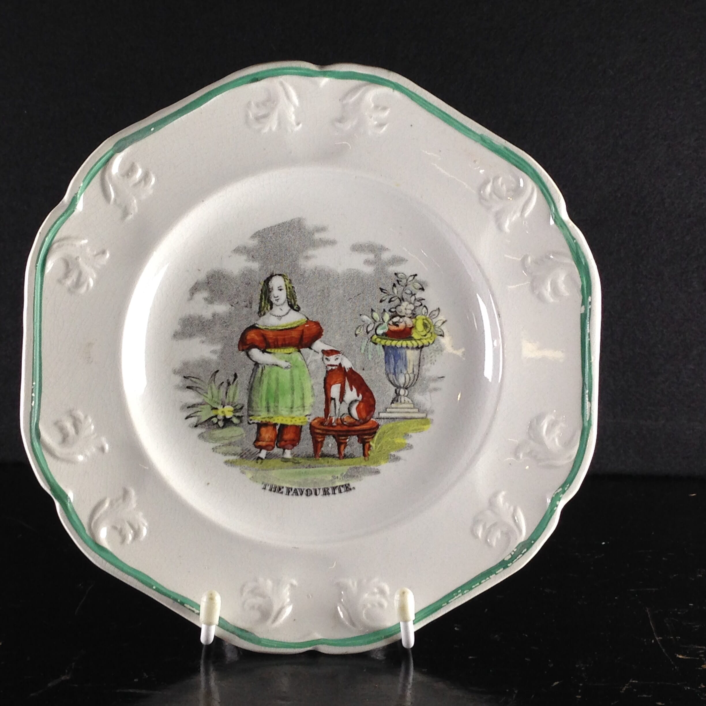 Staffordshire child's plate, girl with cat, titled THE FAVORITE c. 1830 -0