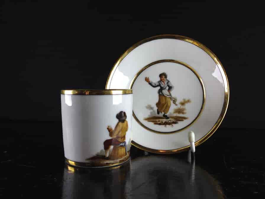 Paris Porcelain coffee cup & saucer, peasant scene after Tenniers, c.1810 -0