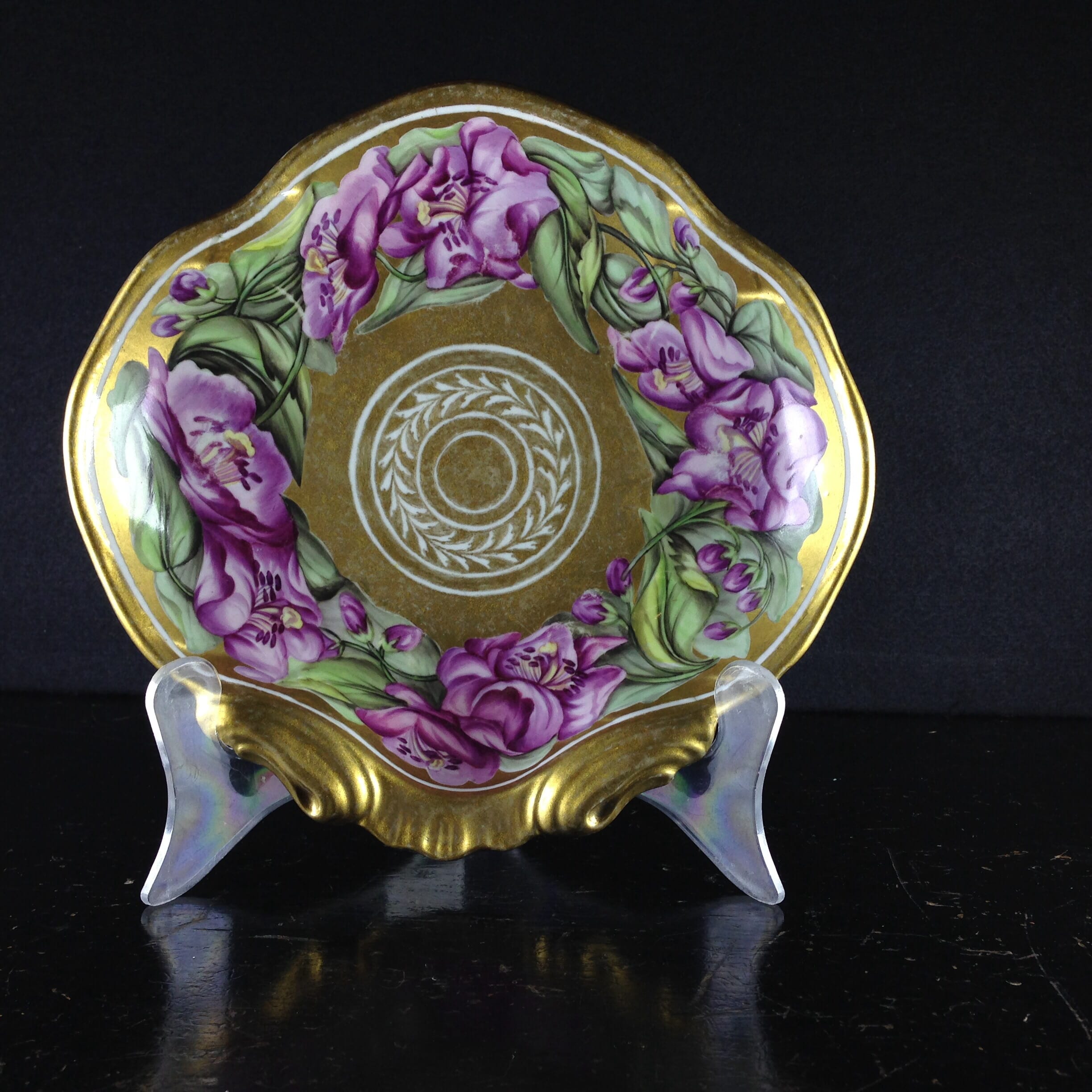 Coalport shell shape dish with flowers by Baxter, gilt ground, c.1810-0