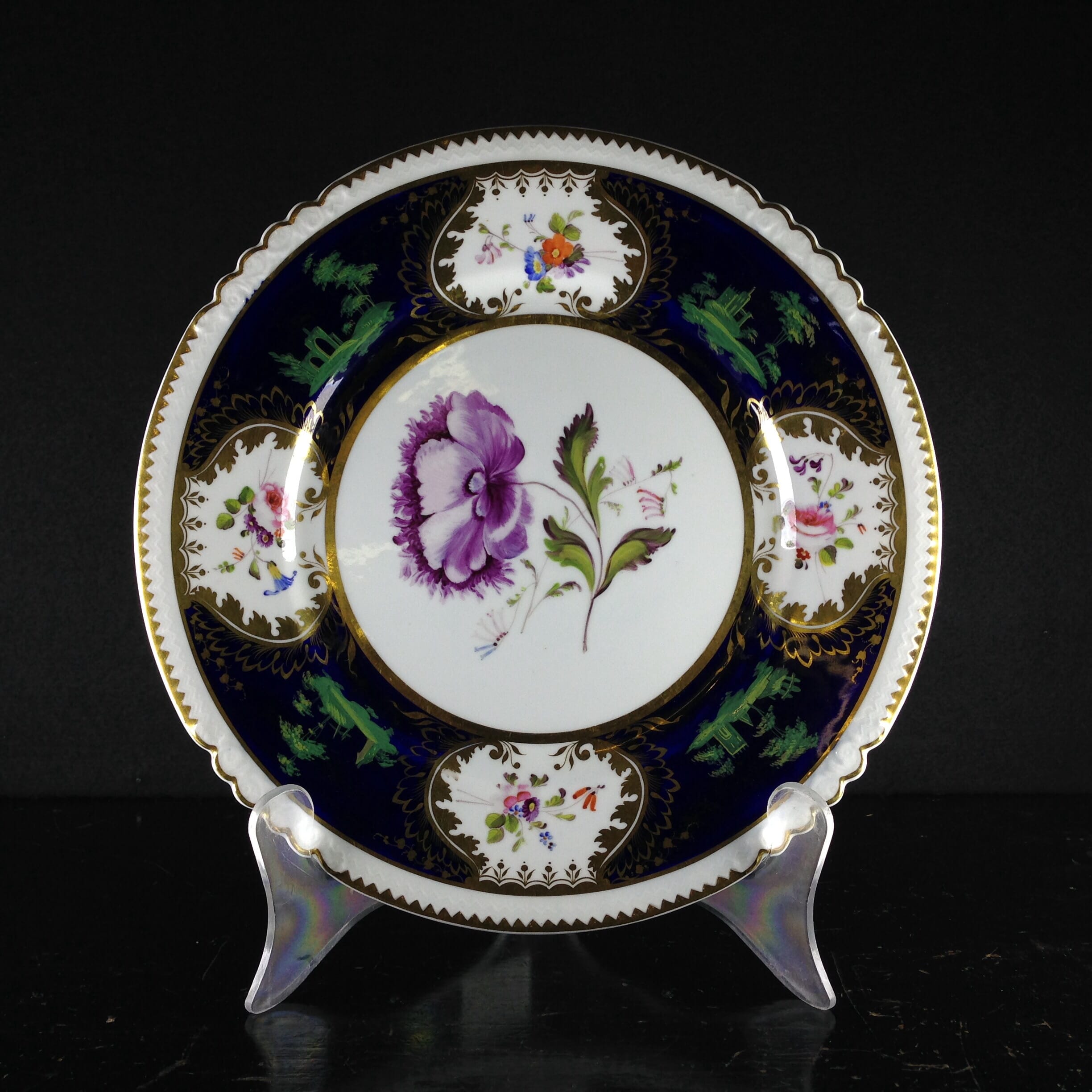 Rockingham plate, very unusual green on blue landscapes & flowers, c.1826 -0