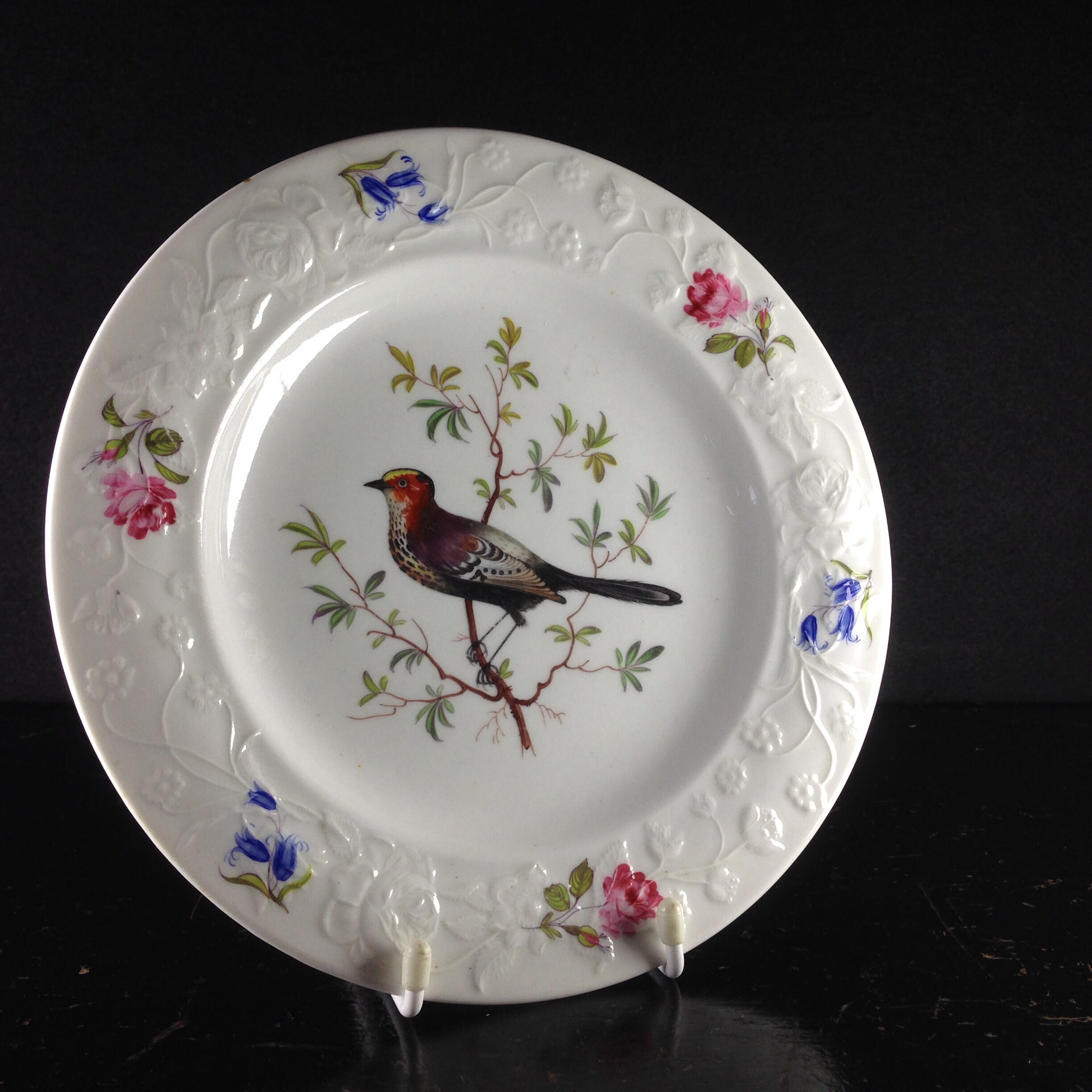 Swansea plate, flower moulded rim with bird, documentary high pattern number, c.1820 -0