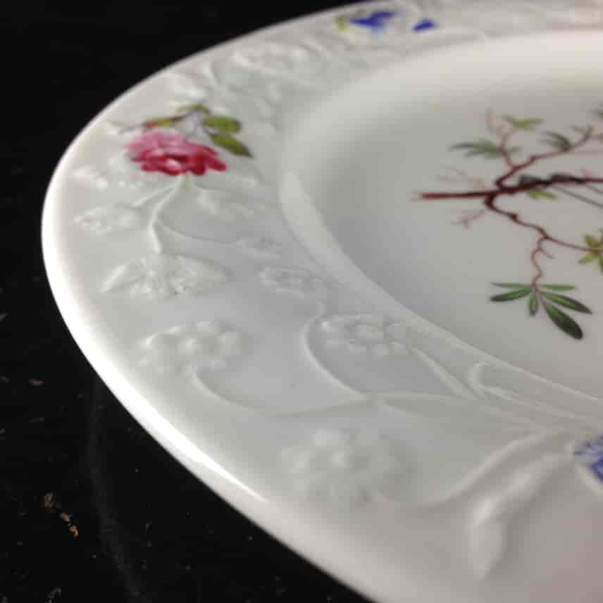 Swansea plate, flower moulded rim with bird, documentary high pattern number, c.1820 -1496