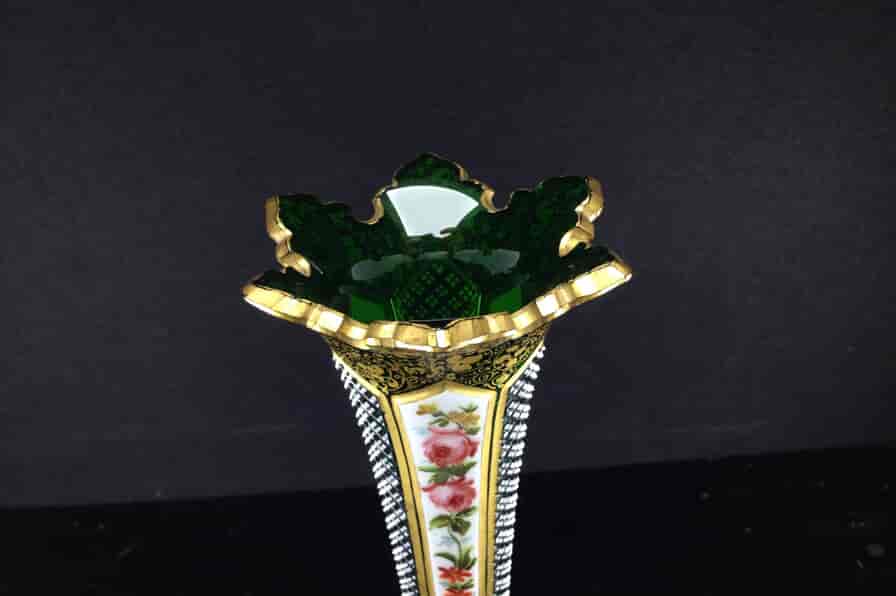 Green Victorian glass vase, flowers on white overlay, c.1850.-1639