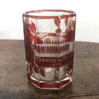 Bohemian ruby flash spa beaker, with named view, c. 1870-0