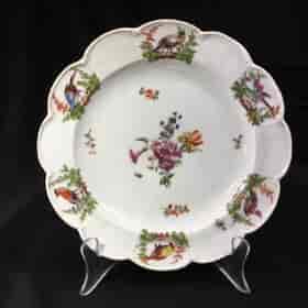 Chelsea plate with panels of birds, circa 1758-0