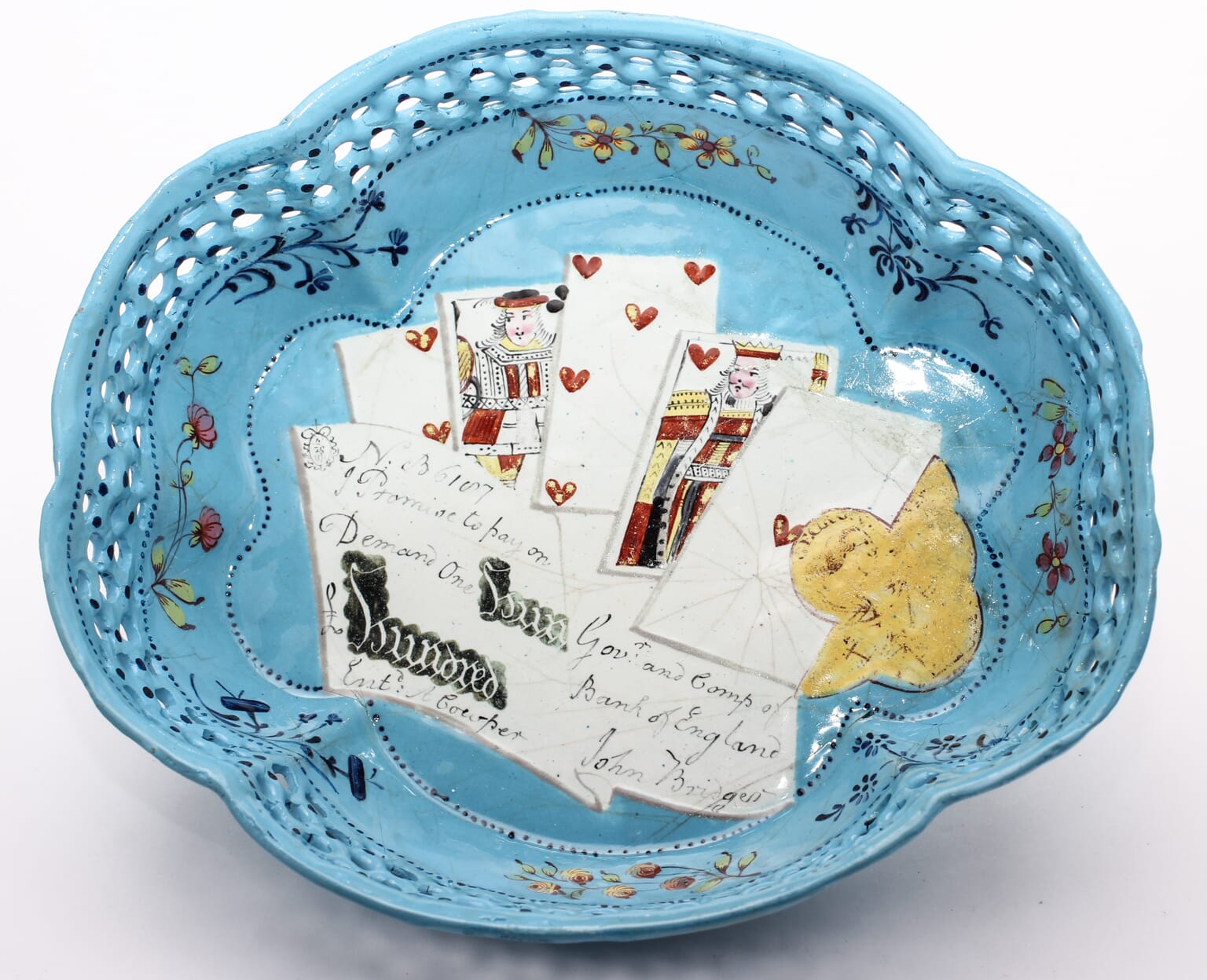 English enamel card tray, trompe l'oeil of cards, guineas and £100 bank note, c. 1770 -0