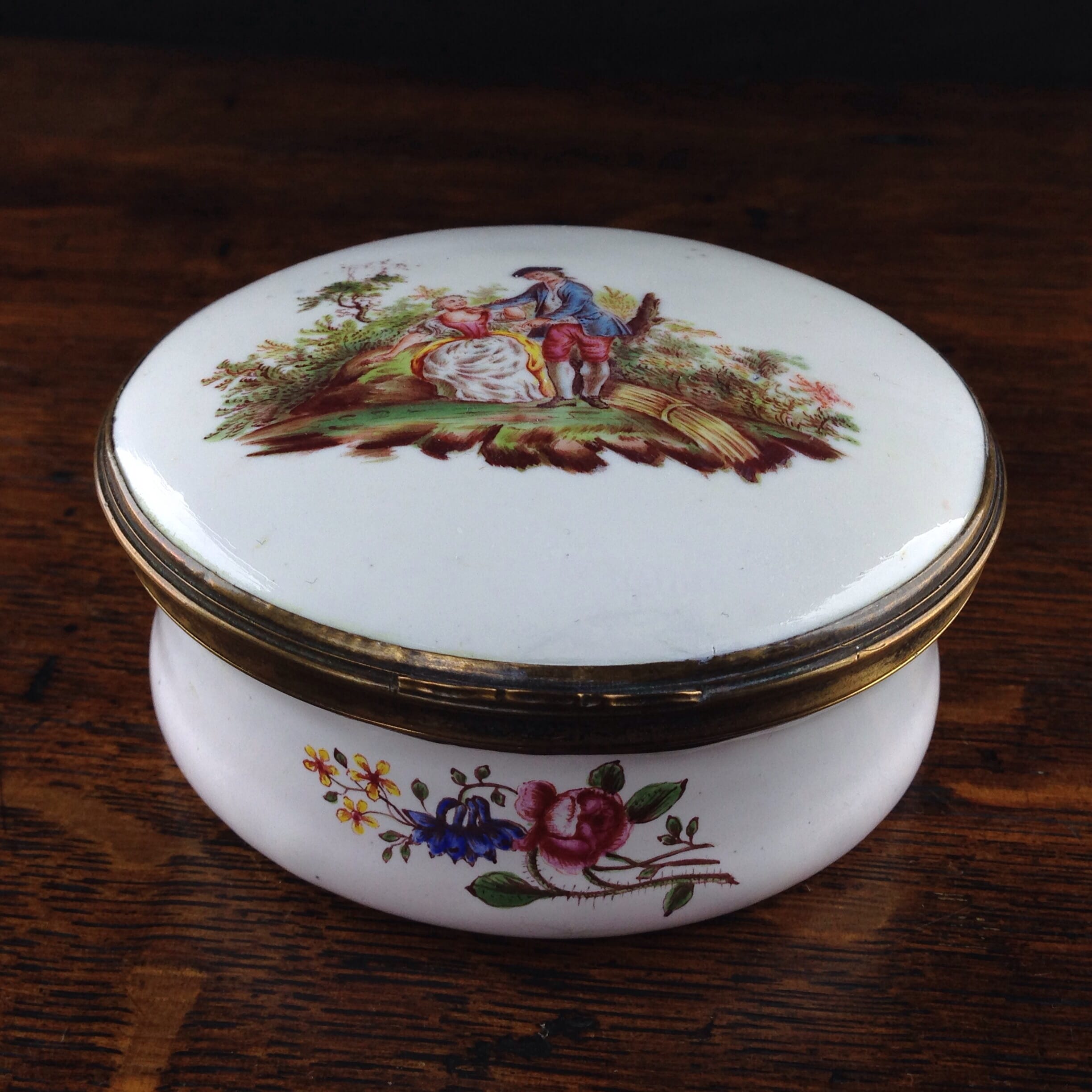 English enamel round box of large size, c. 1760 -0