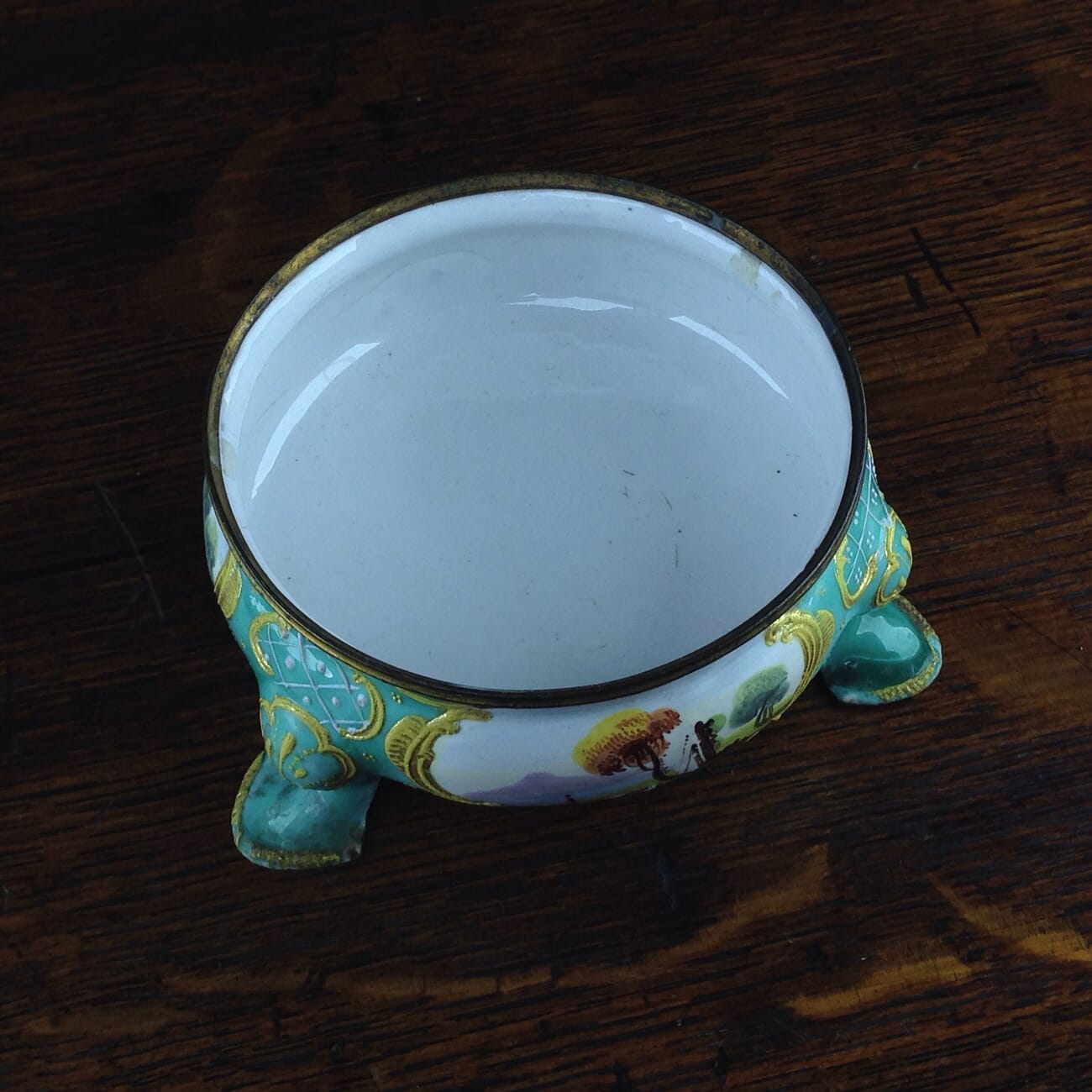 English enamel salt, green ground with landscapes, circa 1770 -5044
