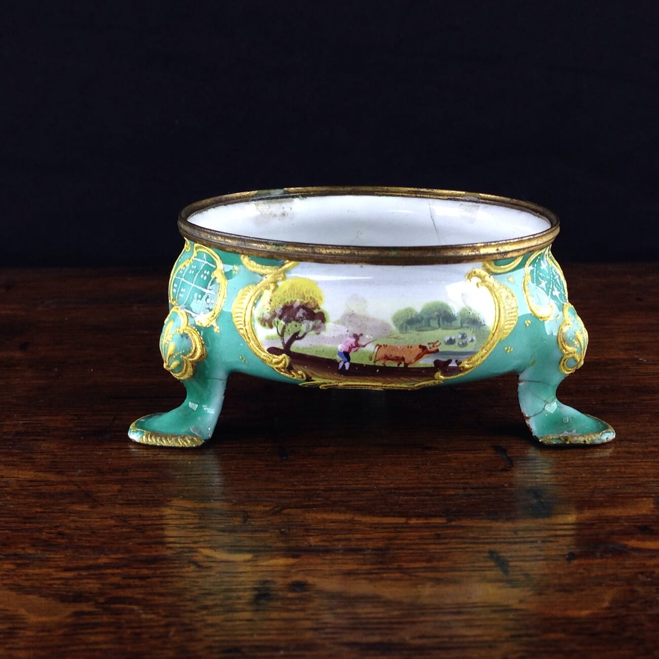 English enamel salt, green ground with landscapes, circa 1770 -5045