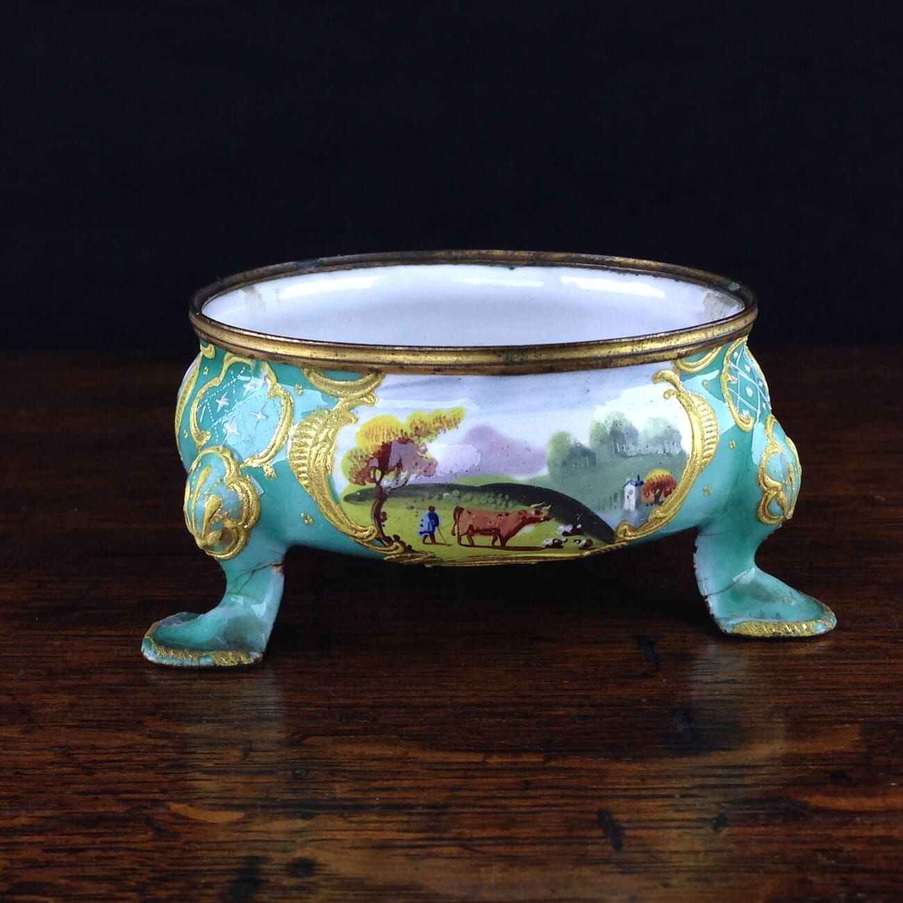 English enamel salt, green ground with landscapes, circa 1770 -0