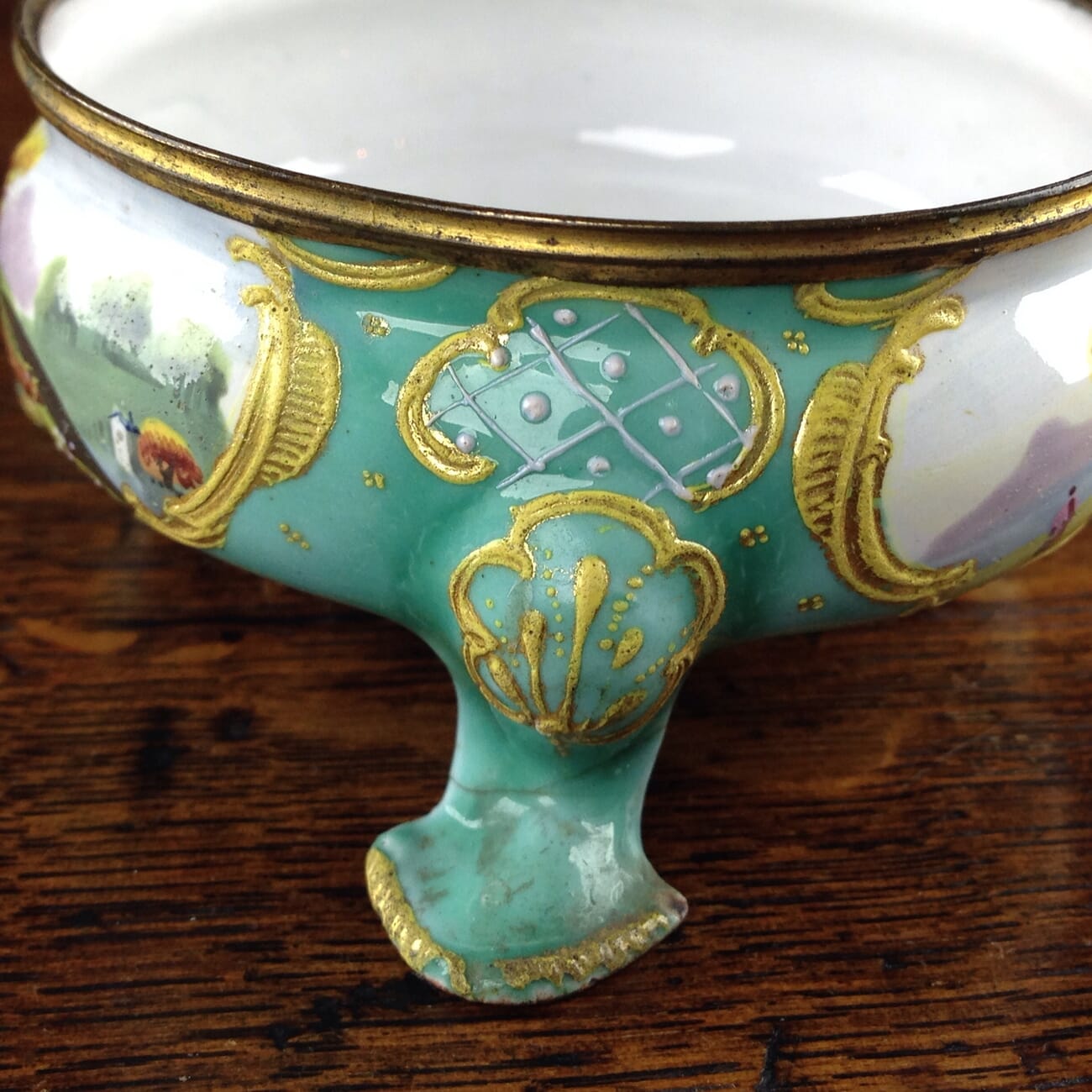 English enamel salt, green ground with landscapes, circa 1770 -5047