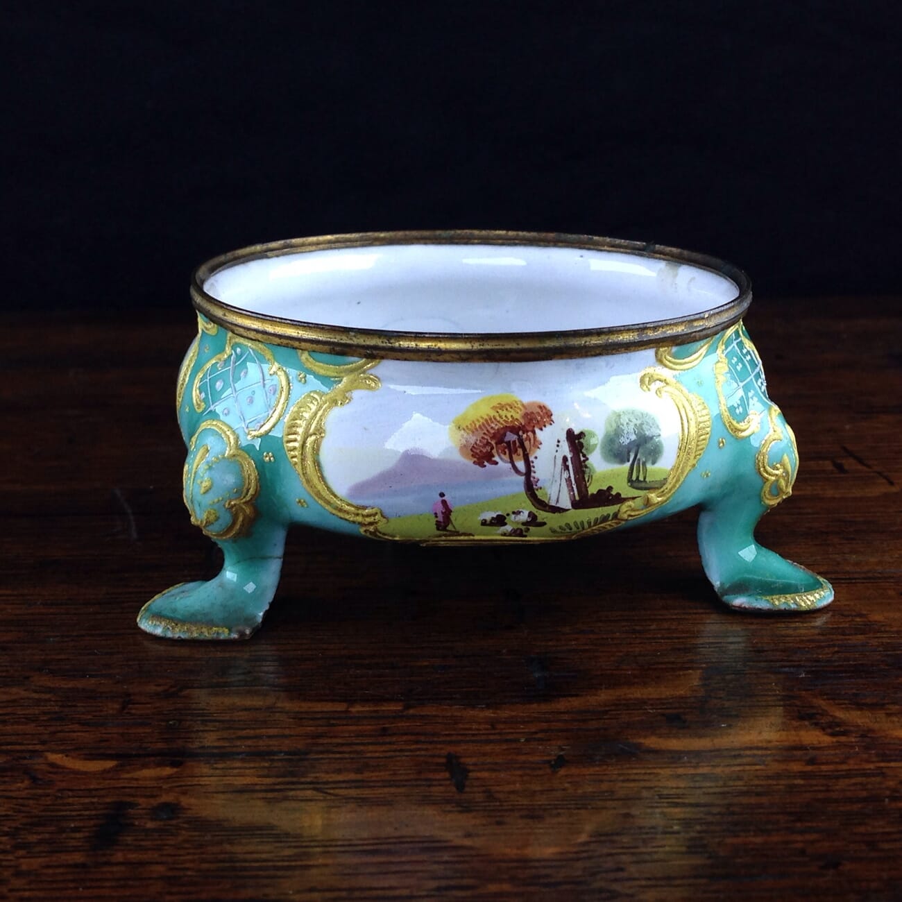 English enamel salt, green ground with landscapes, circa 1770 -5048