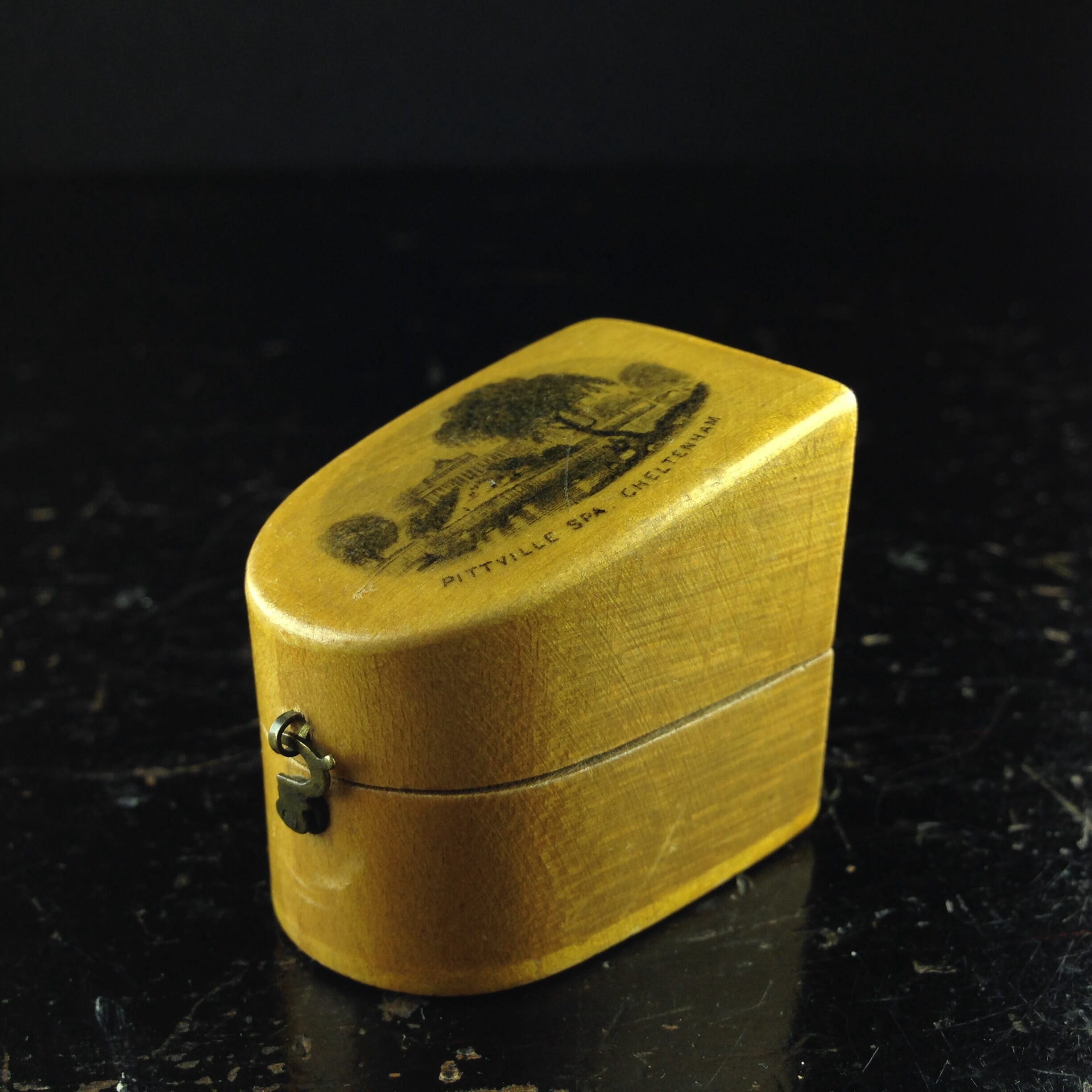 Mauchline ware thimble box, print titled 'Pittville Spa Cheltenham', c.1870-0