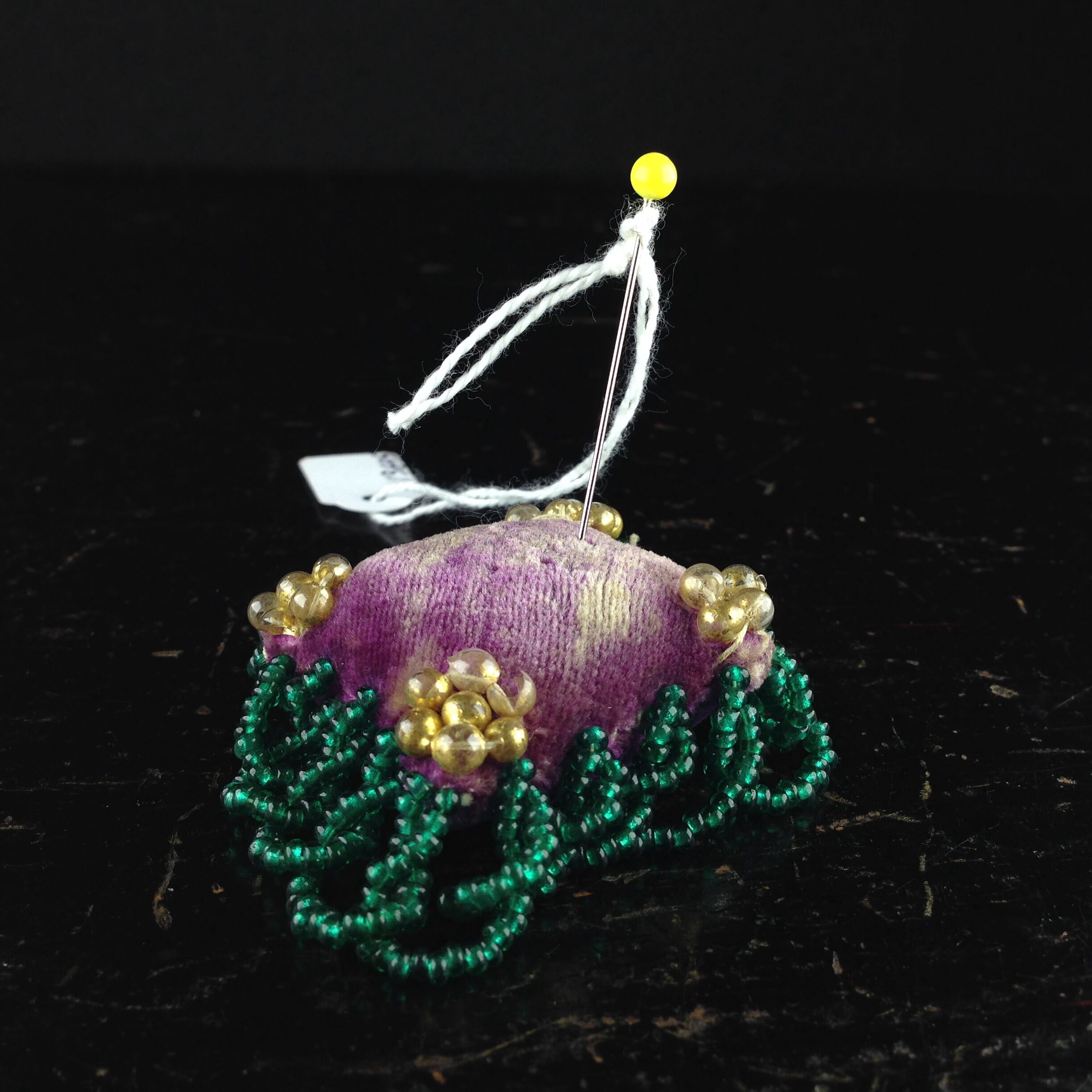 Victorian pin cushion, beaded edge, C. 1880 -0