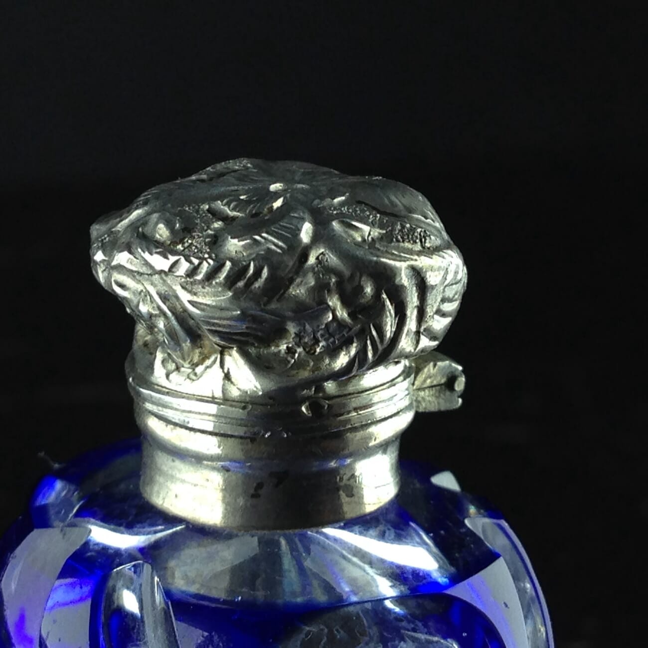 Victorian blue overlay glass perfume bottle with Silver top, c.1880-5256