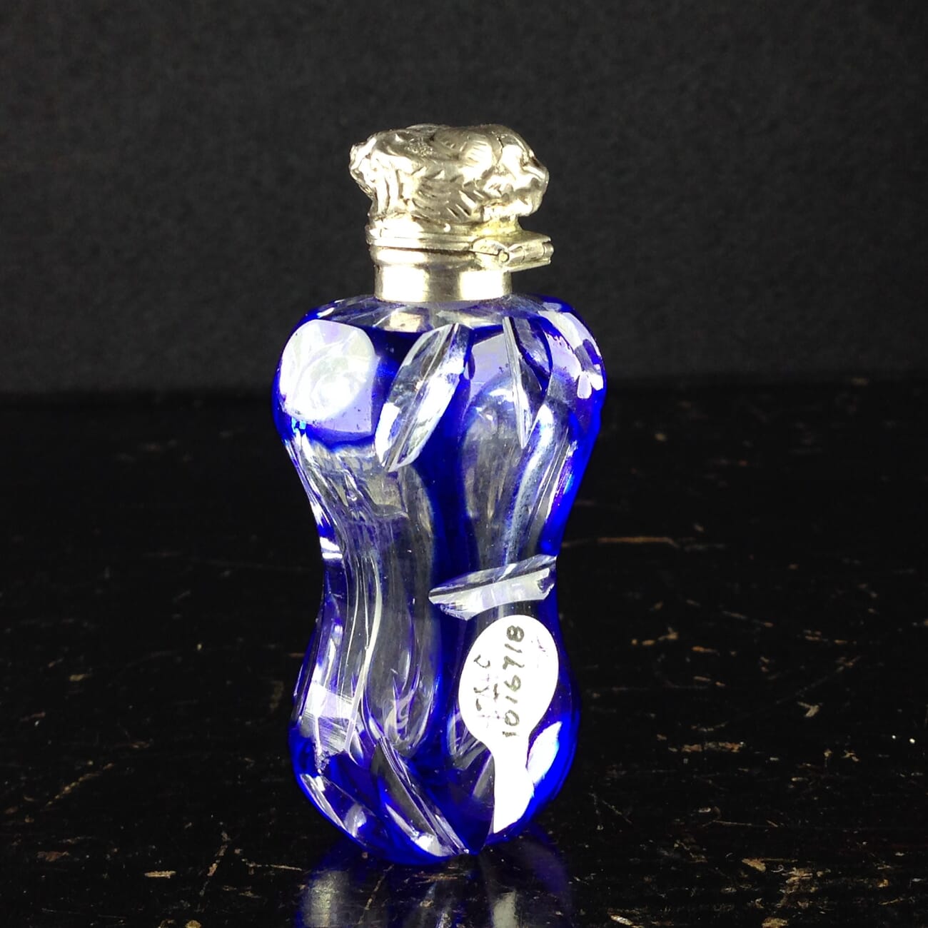Victorian blue overlay glass perfume bottle with Silver top, c.1880-5257