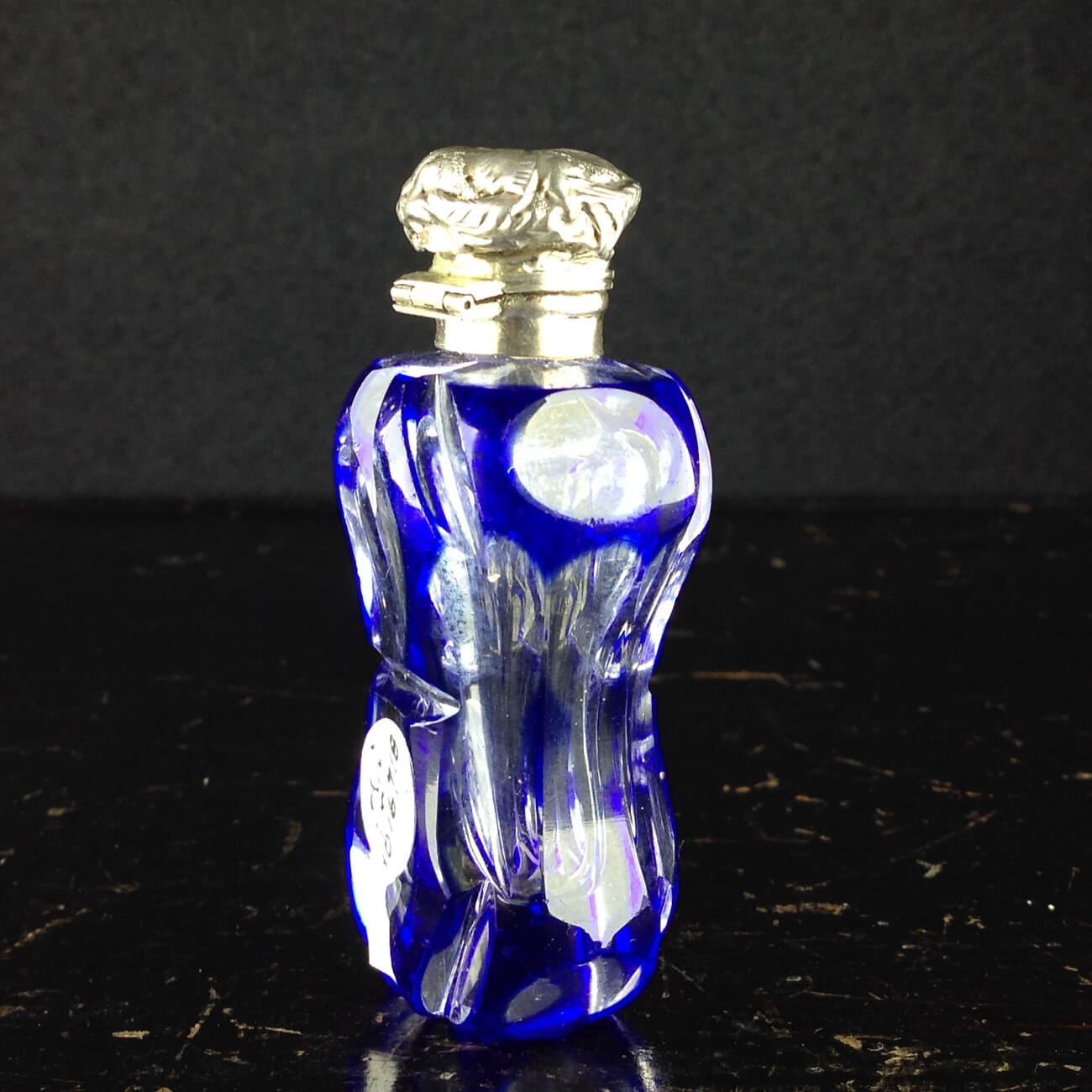 Victorian blue overlay glass perfume bottle with Silver top, c.1880-5258