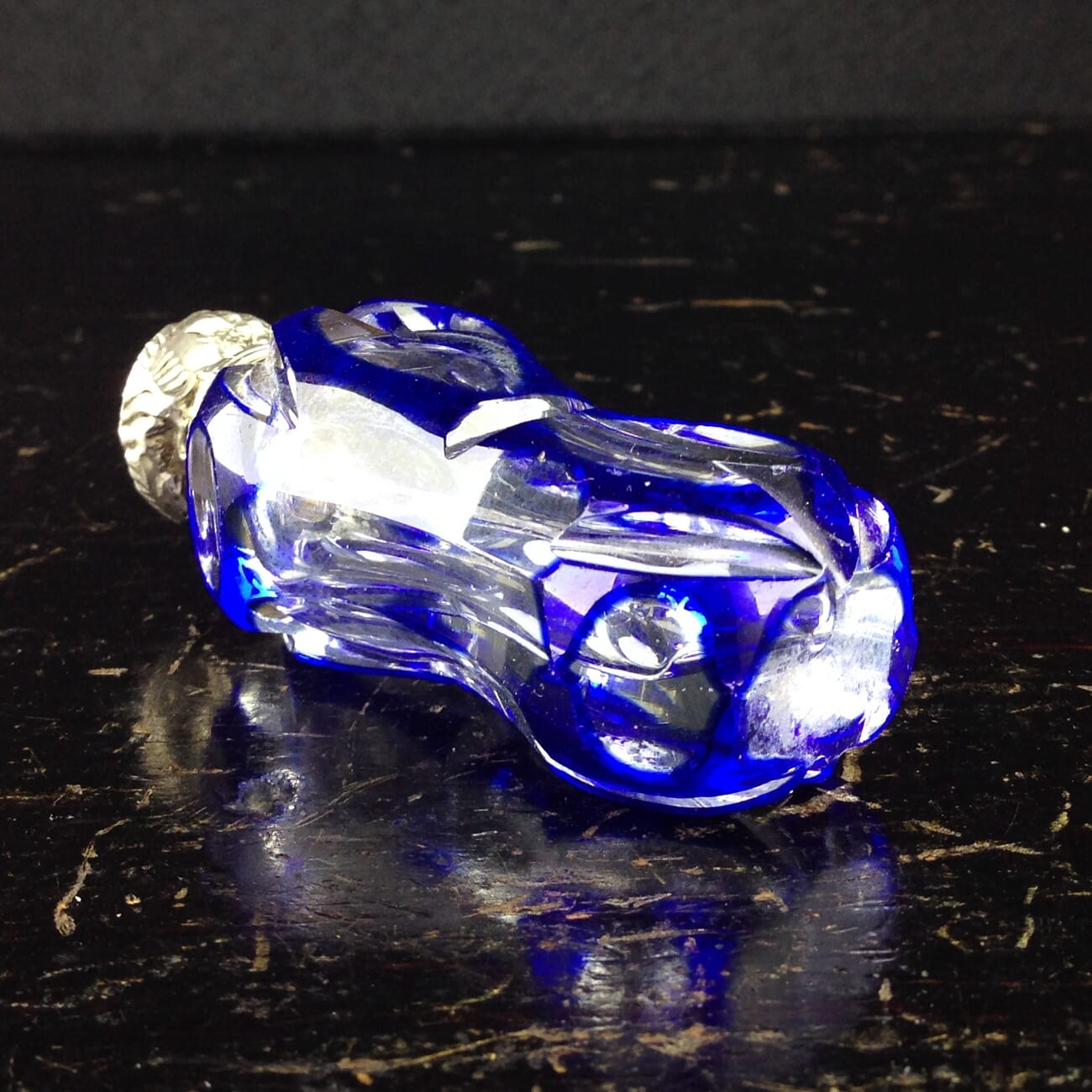 Victorian blue overlay glass perfume bottle with Silver top, c.1880-5259