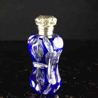 Victorian blue overlay glass perfume bottle with Silver top, c.1880-0