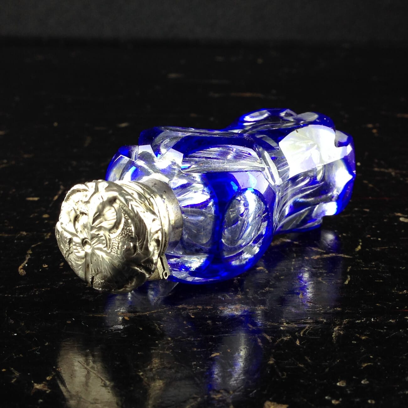 Victorian blue overlay glass perfume bottle with Silver top, c.1880-5261