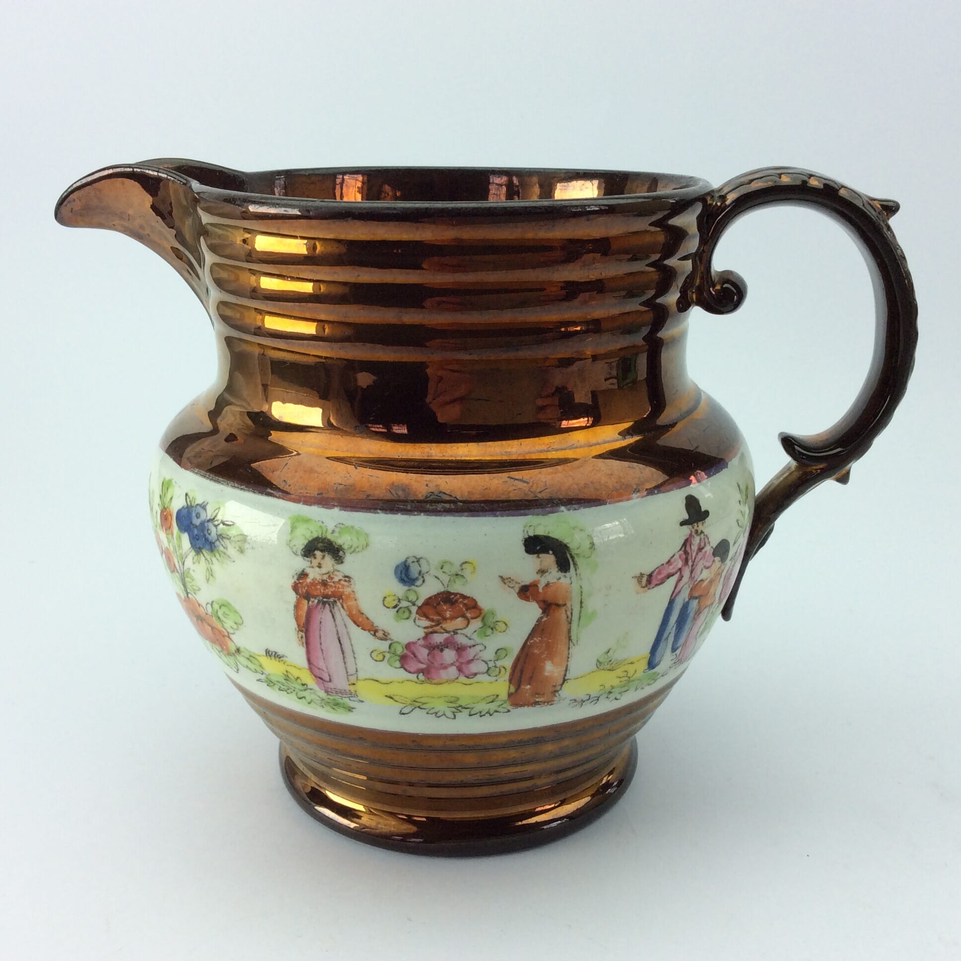 Victorian copper lustre jug, children in garden & copper lustre, c.1830 -0