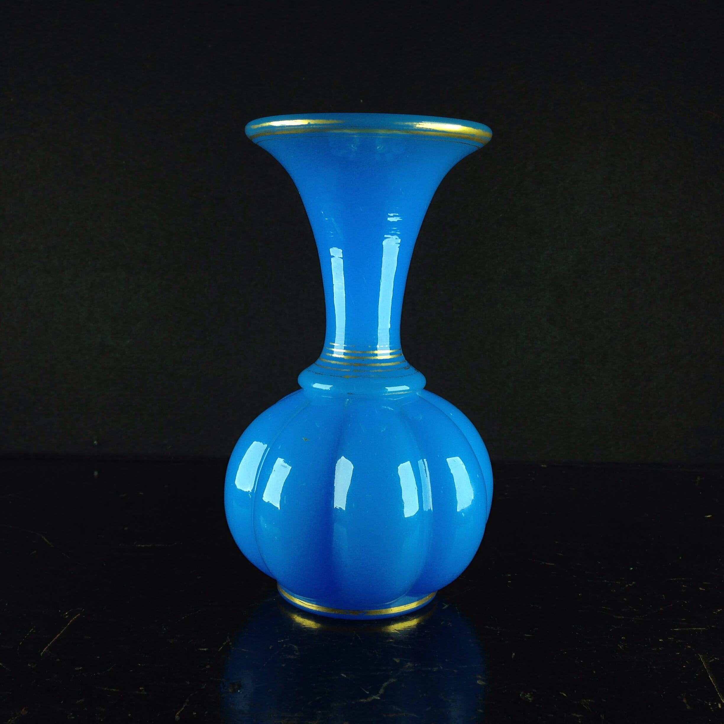 Victorian blue glass vase, lobed trumpet, c.1865-0