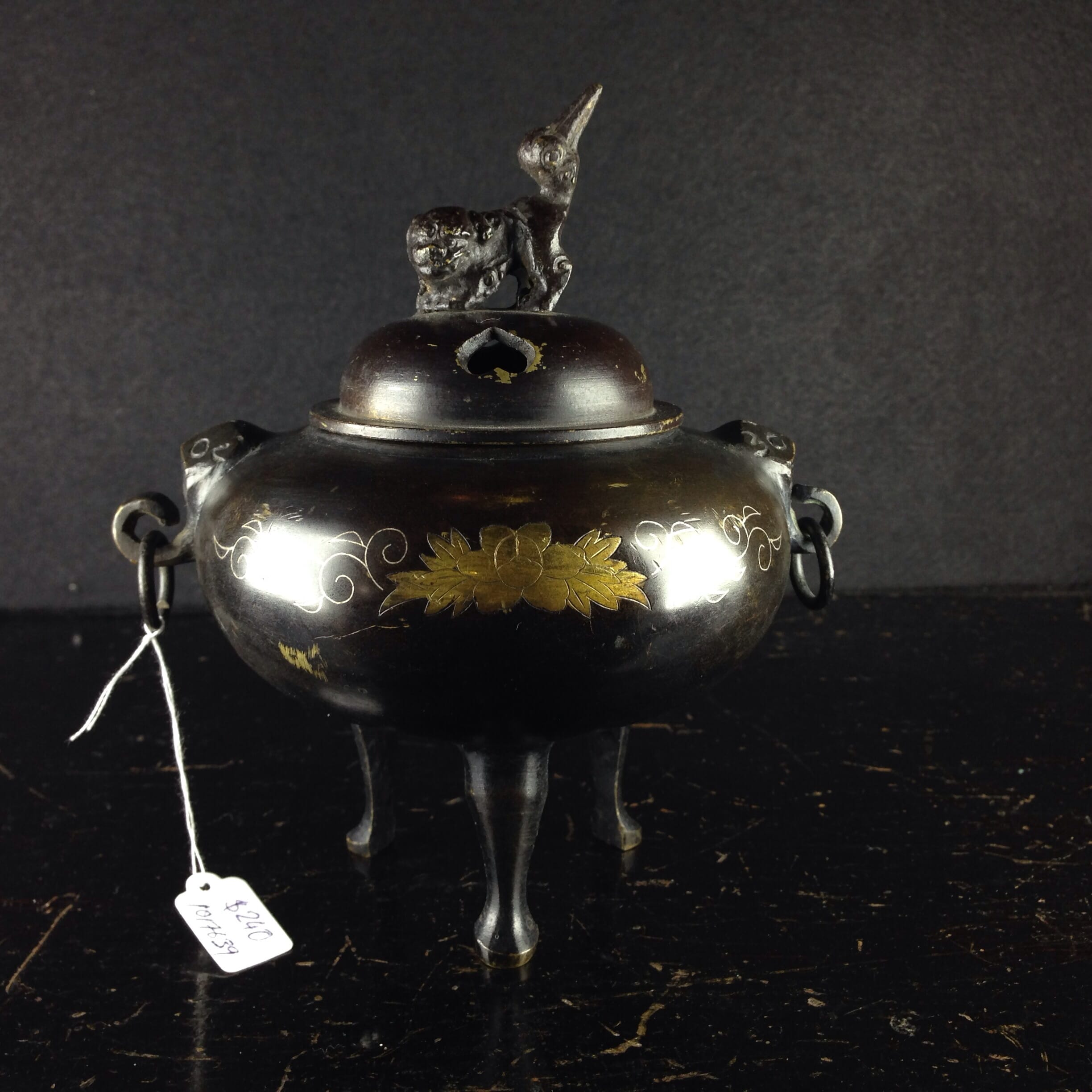 Japanese bronze censor, inlaid silver flowers, c.1900-0