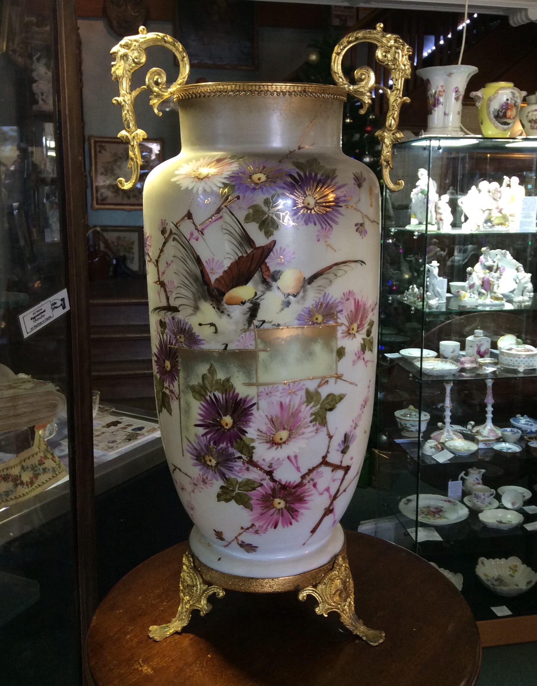 Large Victorian glass vase, flowers & birds, ormolu mounts c. 1890-0