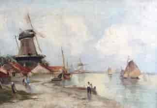 Dutch oil, coastal view with windmills, signed & dated 1899-0