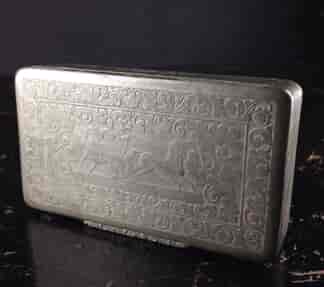 Pewter snuff box, horse catching engraving, 19th century -0