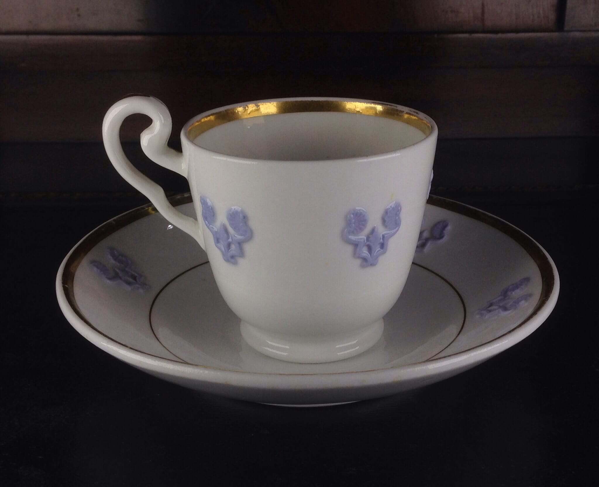 English bone china cup & saucer, Regency lavender sprigs, c. 1840-0