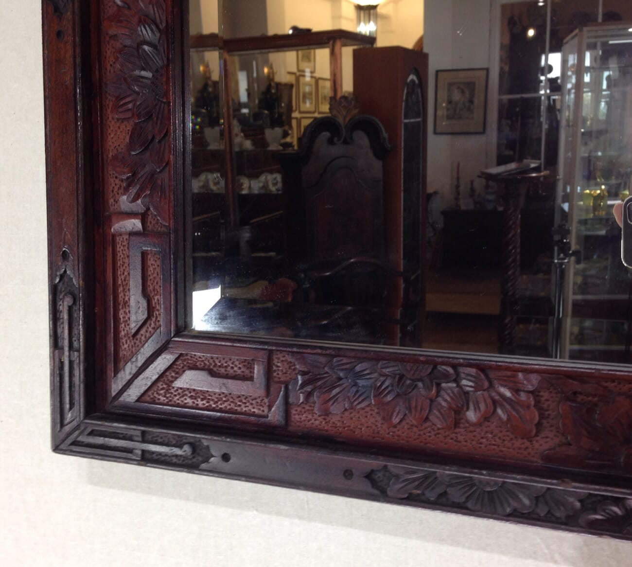 Japanese carved wood mirror frame, beveled mirror, c.1900-6567