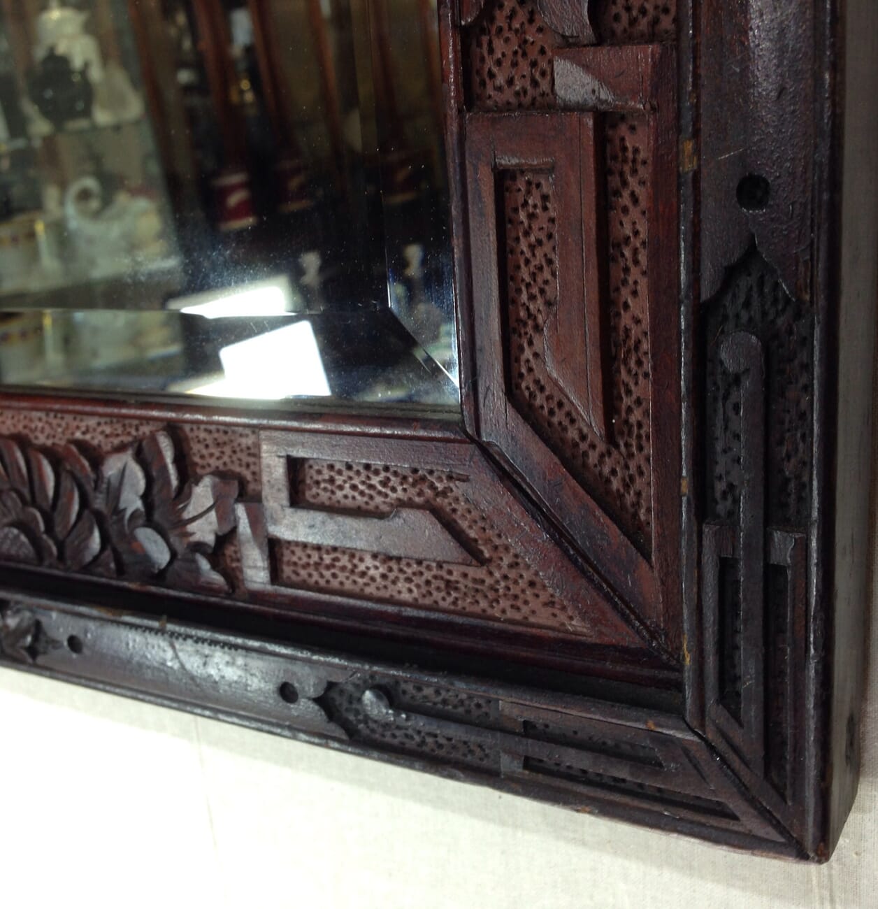 Japanese carved wood mirror frame, beveled mirror, c.1900-6568