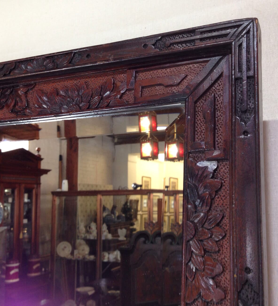 Japanese carved wood mirror frame, beveled mirror, c.1900-6569