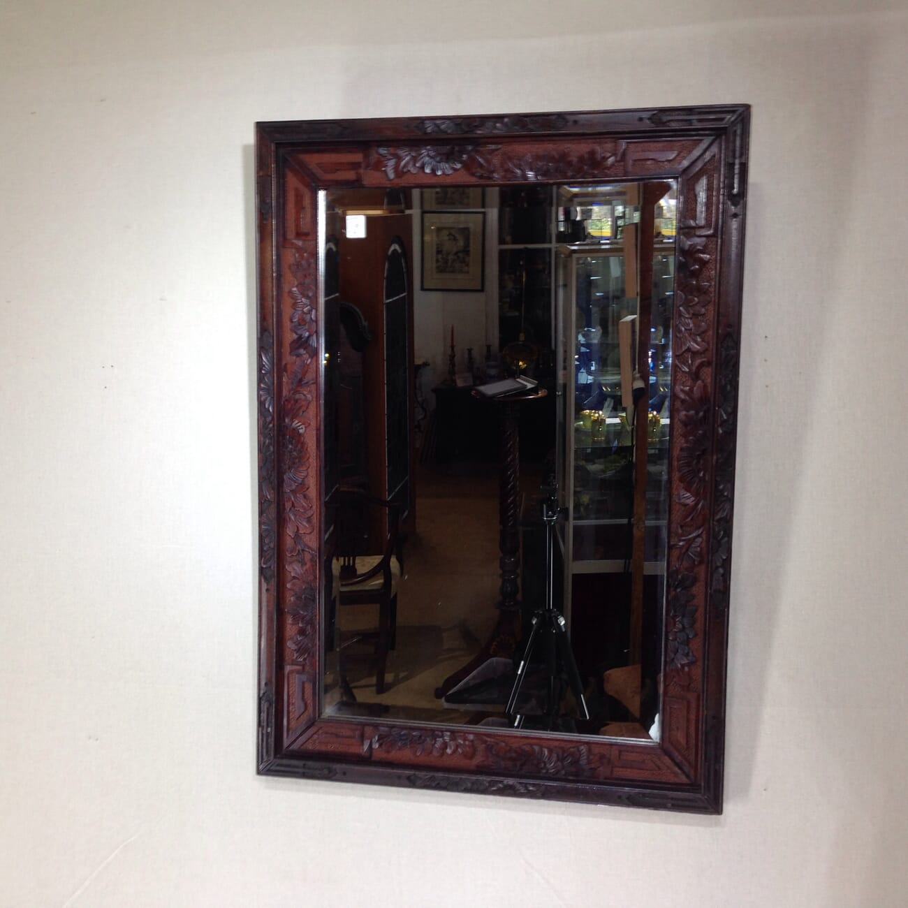 Japanese carved wood mirror frame, beveled mirror, c.1900-6570
