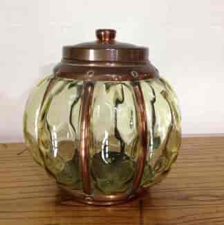 Rare Wynyates biscuit barrel, Arts & Crafts copper & glass, c.1905 -0