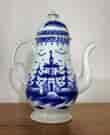 Pearlware coffee pot, moulded spout & blue pagoda scenes, c. 1770 -0