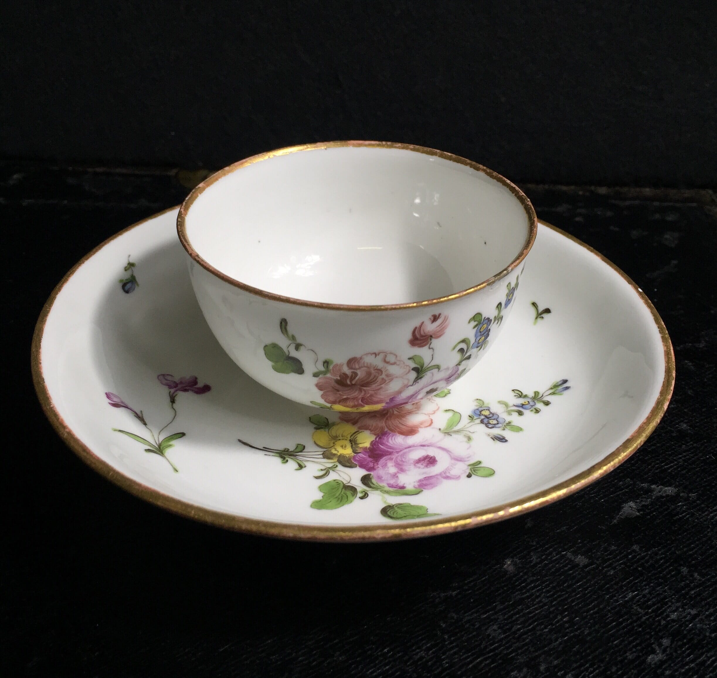 Vienna teabowl & saucer, flower dec, c. 1760 -0