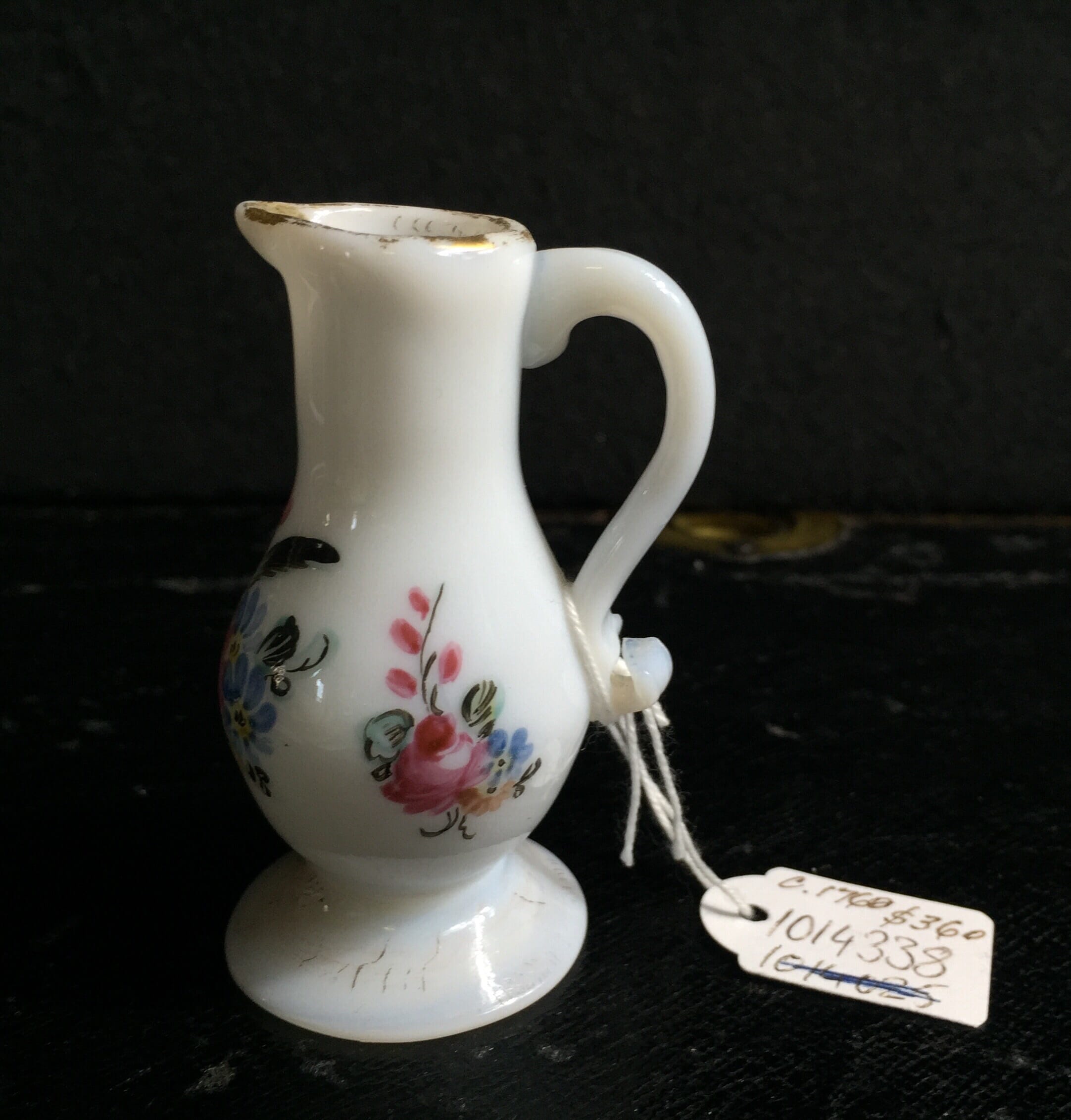 French milk glass miniature jug, flower painting, circa 1770 -0