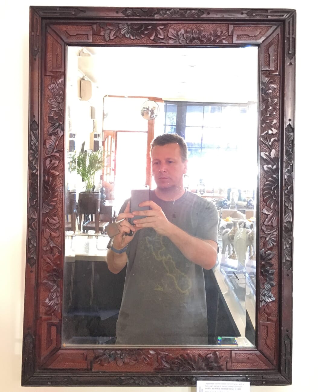 Japanese carved wood mirror frame, beveled mirror, c.1900-0