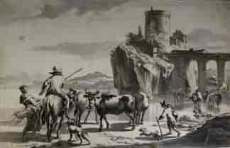Dutch pen & wash, cattle herders by a castle, early 18th century -0